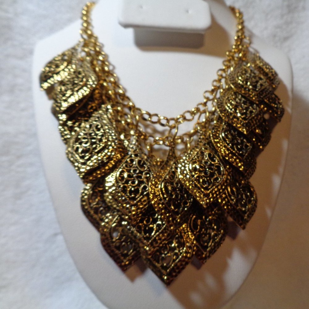 Bold Statement Gold-tone Filigree Metal 4 Layered Necklace
